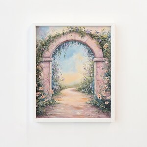 Spring Archway into a Coastal Garden – Cottagecore Garden Wall Art Printable, Romantic Floral Pastel Scene, Coastal Spring Decor v_64