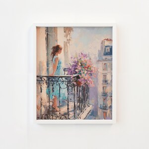 Pastel Florals in Seaside Terrace Glow – Coastal Balcony Wall Art Printable, Dreamy European Summer Painting, Romantic Cottage Decor v_133