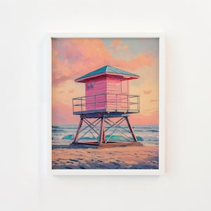 Pink Lifeguard Tower at Golden Hour – Coastal Lifeguard Wall Art Printable, Bold Pastel Beach Scene, Romantic Summer Seaside Painting v_43