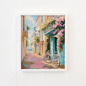 Sunlit Walk Through Coastal Street – Coastal Cottagecore Wall Art Printable, Soft Pastel Alley Painting, Romantic Bike Scene Decor v_184