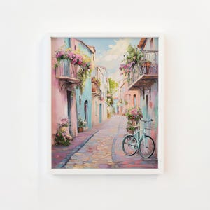 Bicycle on a Dreamy Coastal Street – Coastal Cottagecore Wall Art Printable, Soft Pastel Alley Scene, Romantic Summer Europe Decor v_181