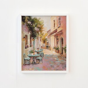 Pink Shutters Over Blue Sea View – Coastal Window Wall Art Printable, Textured Cottagecore Painting, Serene Summer Pastel Decor v_308