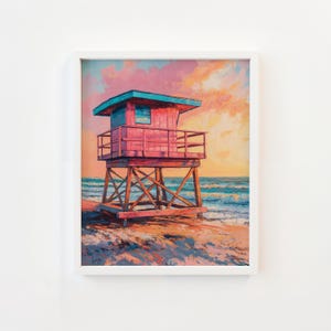Blush Sunset Lifeguard View – Coastal Lifeguard Station Wall Art, Bold Summer Beach Painting, Vintage Pastel Printable Decor v_45