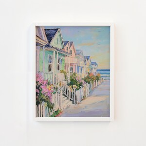 Charming Beach Cottages in Pastel Row – Coastal Cottagecore Wall Art Print, Soft Pastel Seaside Homes Painting, Dreamy Summer Decor v_261