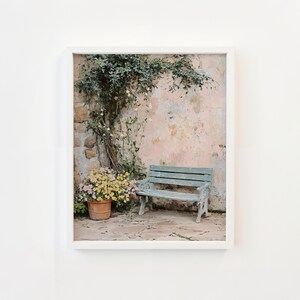 Garden Bench in a Hidden Courtyard – Coastal Cottagecore Wall Art Printable, Whimsical Garden Corner Scene, Serene Pastel Decor v_225