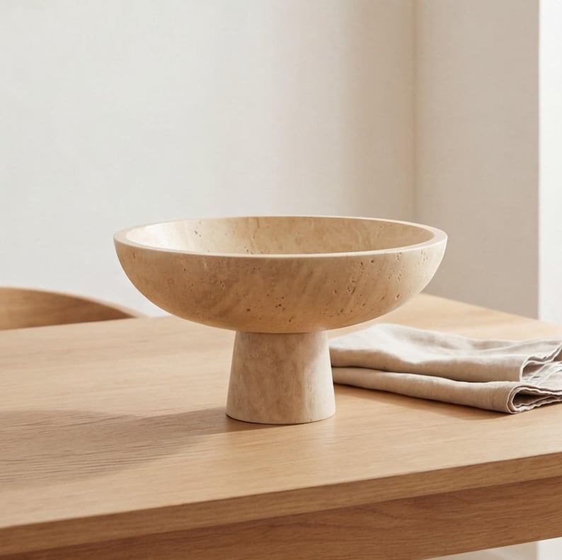 Puede incluir: Un cuenco beige con pedestal y una base ancha y poco profunda. El cuenco se asienta sobre una base cil&iacute;ndrica corta. El cuenco y la base tienen un aspecto texturizado, similar a la piedra. Una servilleta beige doblada descansa sobre la mesa de madera.