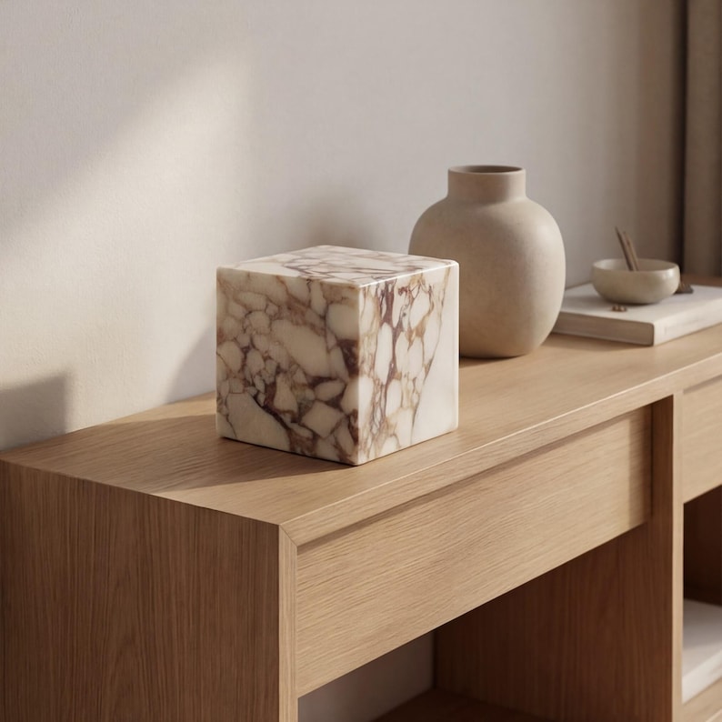 May include: A square marble decorative object with a brown and white pattern sits on a wooden surface. A beige vase and small bowl are also on the surface. The items are arranged in a minimalist style.