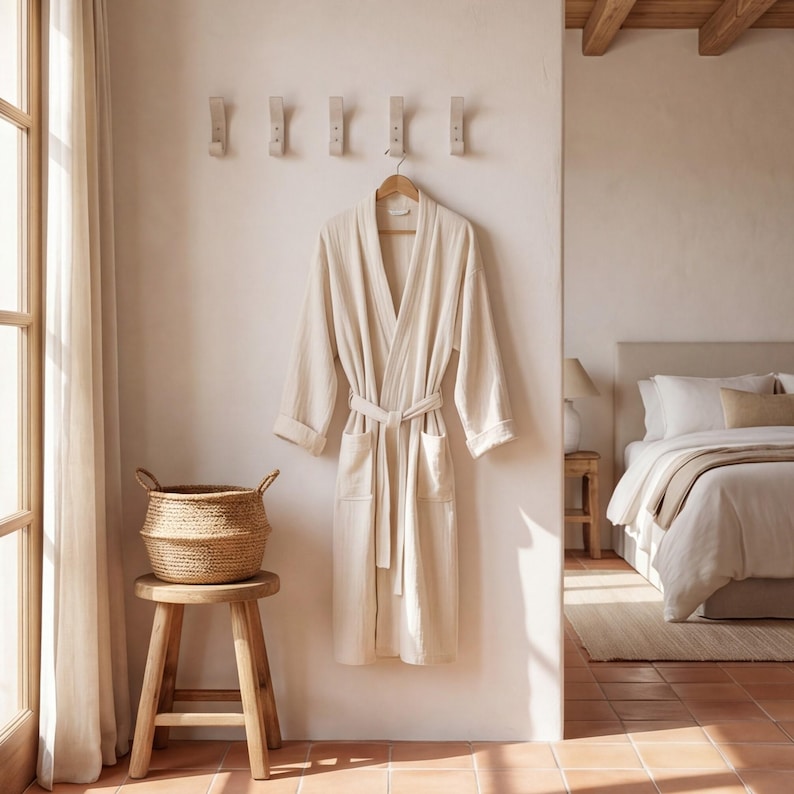 May include: A cream-colored robe hangs on a wooden hanger against a light-colored wall. A woven basket sits on a wooden stool. The room has a neutral color palette with a bed in the background.