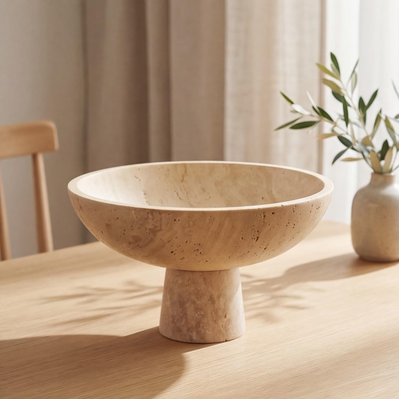 Puede incluir: Un cuenco beige con pedestal y una base ancha y poco profunda. El cuenco est&aacute; hecho de un material de piedra texturizada y se asienta sobre una base cil&iacute;ndrica corta. El cuenco se exhibe sobre una mesa de madera clara, con un jarr&oacute;n de vegetaci&oacute;n en el fondo.