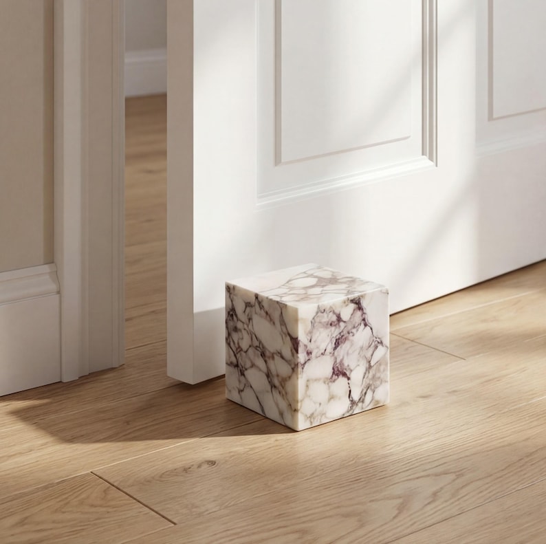 May include: A cube-shaped doorstop made of marble, featuring a white and purple veined design. It rests on a light wooden floor, beside a white door and frame. This decorative item is a functional home accessory, designed to hold a door open.