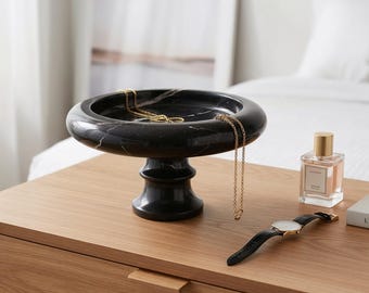 Black Marble Catchall Tray – Polished Stone Pedestal Jewelry Organizer | Modern Valet Dish