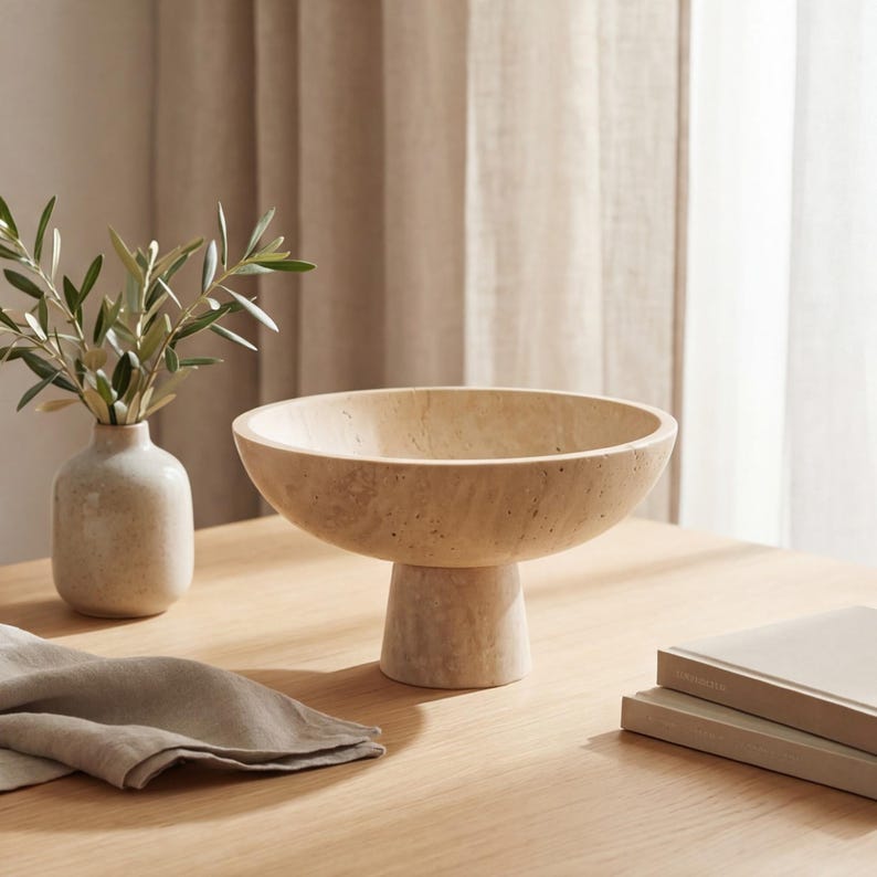 Puede incluir: Un cuenco beige sobre pedestal con una base ancha y poco profunda. El cuenco est&aacute; hecho de un material texturizado y se asienta sobre una base cil&iacute;ndrica corta. Un peque&ntilde;o jarr&oacute;n con ramas de olivo y una servilleta doblada tambi&eacute;n est&aacute;n sobre la mesa de madera.