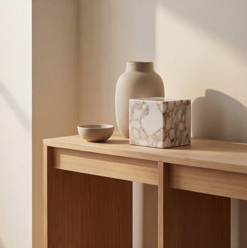 May include: A minimalist still life arrangement. It features a beige ceramic vase, a small bowl, and a marble cube with brown veining. These objects are placed on a light wood table. The scene is illuminated by soft, natural light, creating a calm atmosphere.