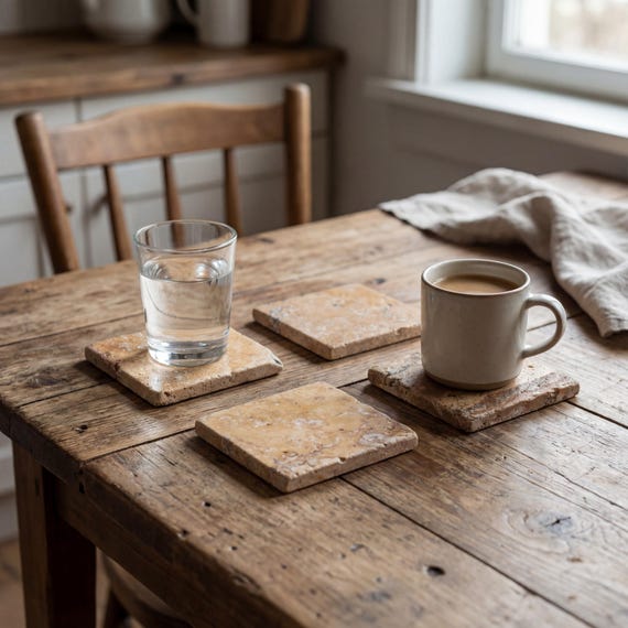 Tumbled Travertine Coasters Rustic Stone Coasters with Cork Backing