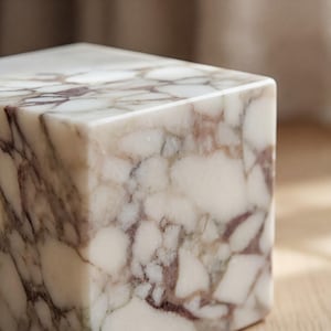 May include: A square marble block with a polished surface. The marble has a white base colour with veining in shades of burgundy and grey, creating a natural pattern. The block's edges are clean and sharp, showcasing the stone's smooth texture.