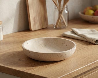 Handmade Light Travertine Bowl – Natural Stone Kitchen Decor, 8.3" x 8.3" (21 x 21 cm)
