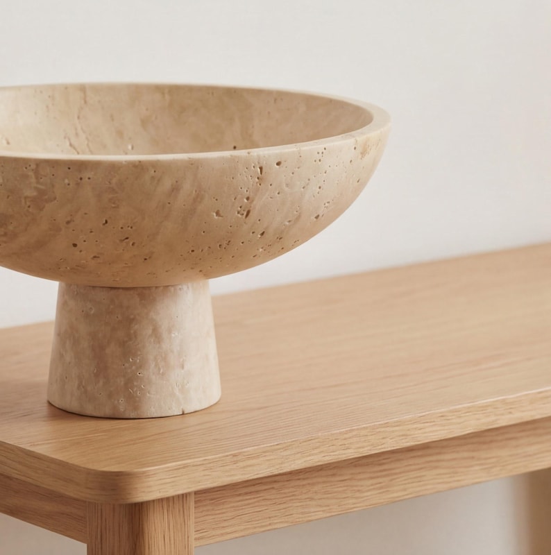 Puede incluir: Un cuenco de piedra beige con base de pedestal. El cuenco tiene un dise&ntilde;o ancho y poco profundo y se asienta sobre una base cil&iacute;ndrica corta. La superficie del cuenco y la base tiene un aspecto texturizado y poroso. El cuenco est&aacute; colocado sobre una superficie de madera clara.