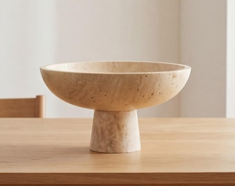 Handcrafted Beige Travertine Pedestal Bowl - Honed Stone Centerpiece