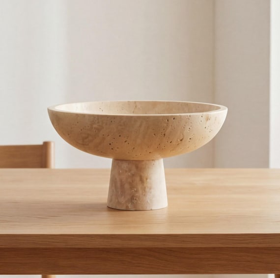 Handcrafted Beige Travertine Pedestal Bowl - Honed Stone Centerpiece