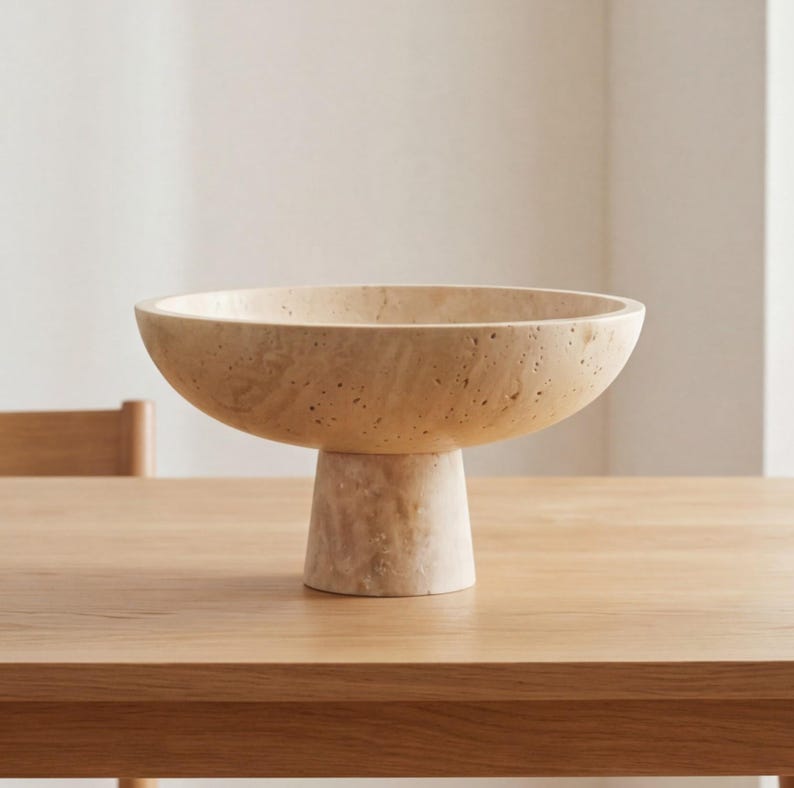 Puede incluir: Un cuenco de pedestal de piedra beige con una base ancha y poco profunda. El cuenco se asienta sobre una base cil&iacute;ndrica corta. La superficie tiene un aspecto texturizado y poroso. El cuenco se exhibe sobre una mesa de madera de color claro.