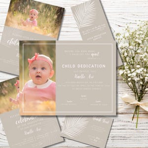 May include: A set of child dedication announcements and thank you cards. The announcements feature a baby girl in a pink outfit and include text such as "Child Dedication" and "Raelle Ari".