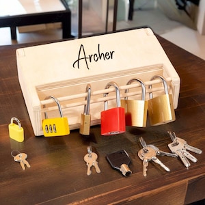 Personalized Custom Montessori Wooden Lock Box, Toddler Hands-on Skills Training Lock Box, Children's Key Set Toolbox,Engraved Name Lock Box