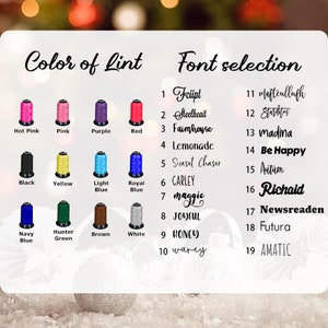 May include: A chart showing different thread colors and font options for embroidery. The thread colors include hot pink, pink, purple, red, black, yellow, light blue, royal blue, navy blue, hunter green, brown, and white. The font options include Fciipt, Steelheait, Faimhouse, Lemonade, Sunset Chaser, CARLEY, maggio, JOYFUL, HONEY, warey, mafteullufh, Stardatm, madina, Be Happy, Autum, Richaid, Newsreaden, Futura, and AMATIC.