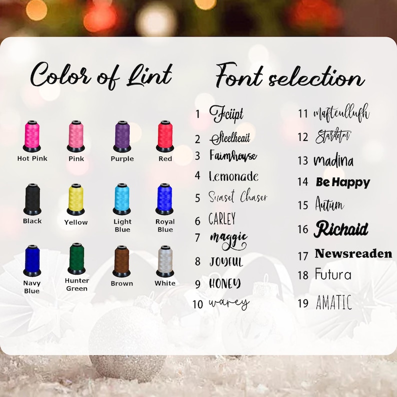May include: A chart showing different thread colors and font options for embroidery. The thread colors include hot pink, pink, purple, red, black, yellow, light blue, royal blue, navy blue, hunter green, brown, and white. The font options include Fciipt, Steelheait, Faimhouse, Lemonade, Sunset Chaser, CARLEY, maggio, JOYFUL, HONEY, warey, mafteullufh, Stardatm, madina, Be Happy, Autum, Richaid, Newsreaden, Futura, and AMATIC.