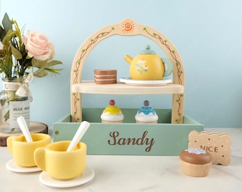 Personalized Customizable Children's Tea Set, Early Education Wooden Afternoon Tea Dessert Toy Set, Wooden Tea Party Toy Gift