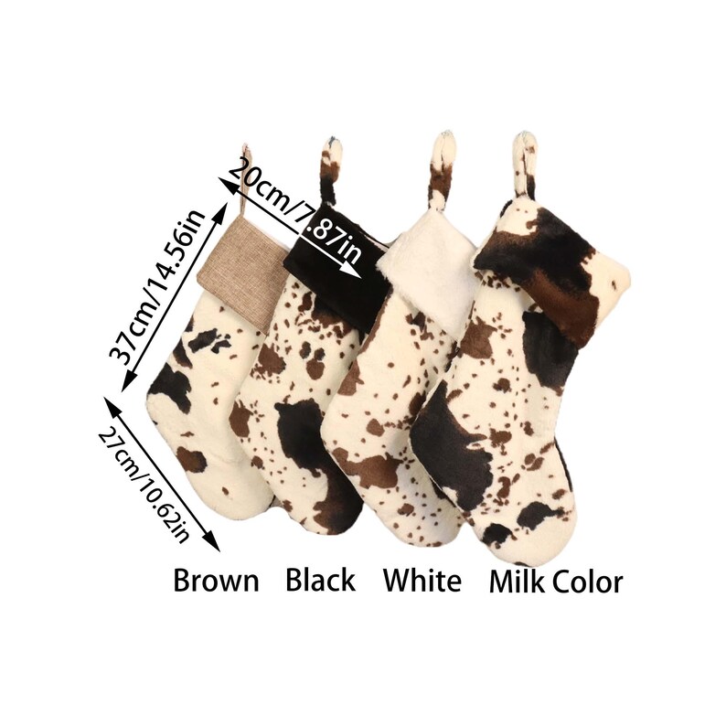 May include: Four Christmas stockings with a cow print design. The stockings are brown, black, white, and milk color. The stockings are 14.56 inches tall and 10.62 inches wide.