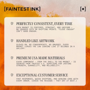 May include: A graphic with the text "[FAINTEST INK]" at the top. The text on the graphic describes the product's features: perfectly consistent, handled like artwork, premium USA-made materials, and exceptional customer service.