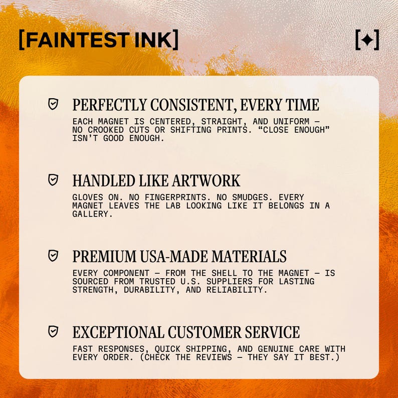 May include: A graphic with the text "[FAINTEST INK]" at the top. The text on the graphic describes the product's features: perfectly consistent, handled like artwork, premium USA-made materials, and exceptional customer service.