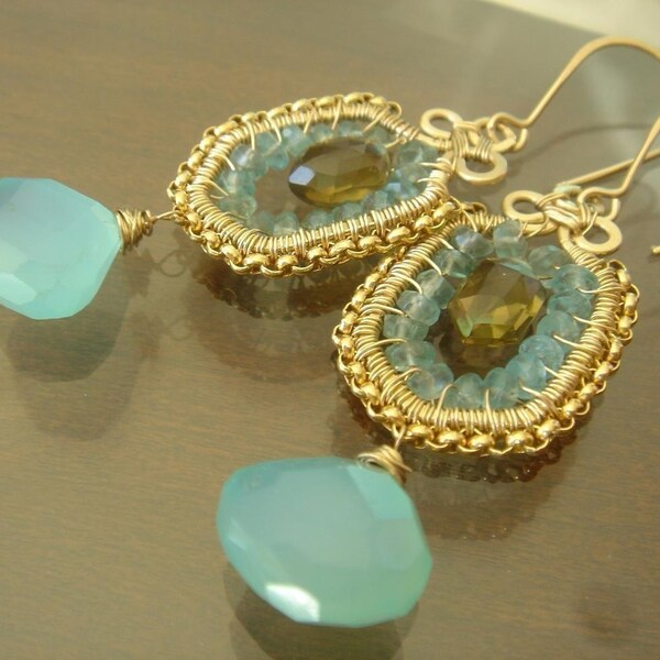 15%OFF SALE Every Purchase  Awaiting Summer   Sea Aqua and Gold Wire Intricately Coil Wrapped Earrings