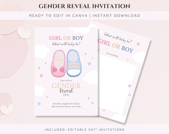 Editable Gender Reveal Invitation Card Template, Cute Baby Shoes, Baby Shower Party Invite, Canva, She or He, Boy or Girl, Instant Download