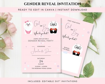 Editable Gender Reveal Card Invitation Template, Pomeranian, Baby Shower, Invitation card, She or He, Boy or Girl, Instant Download, Baby