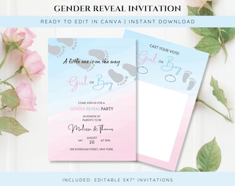 Editable Gender Reveal Card Invitation Template, Baby Shower, Pastel Blue and Pink Invitation card, She or He, Boy or Girl, Instant Download