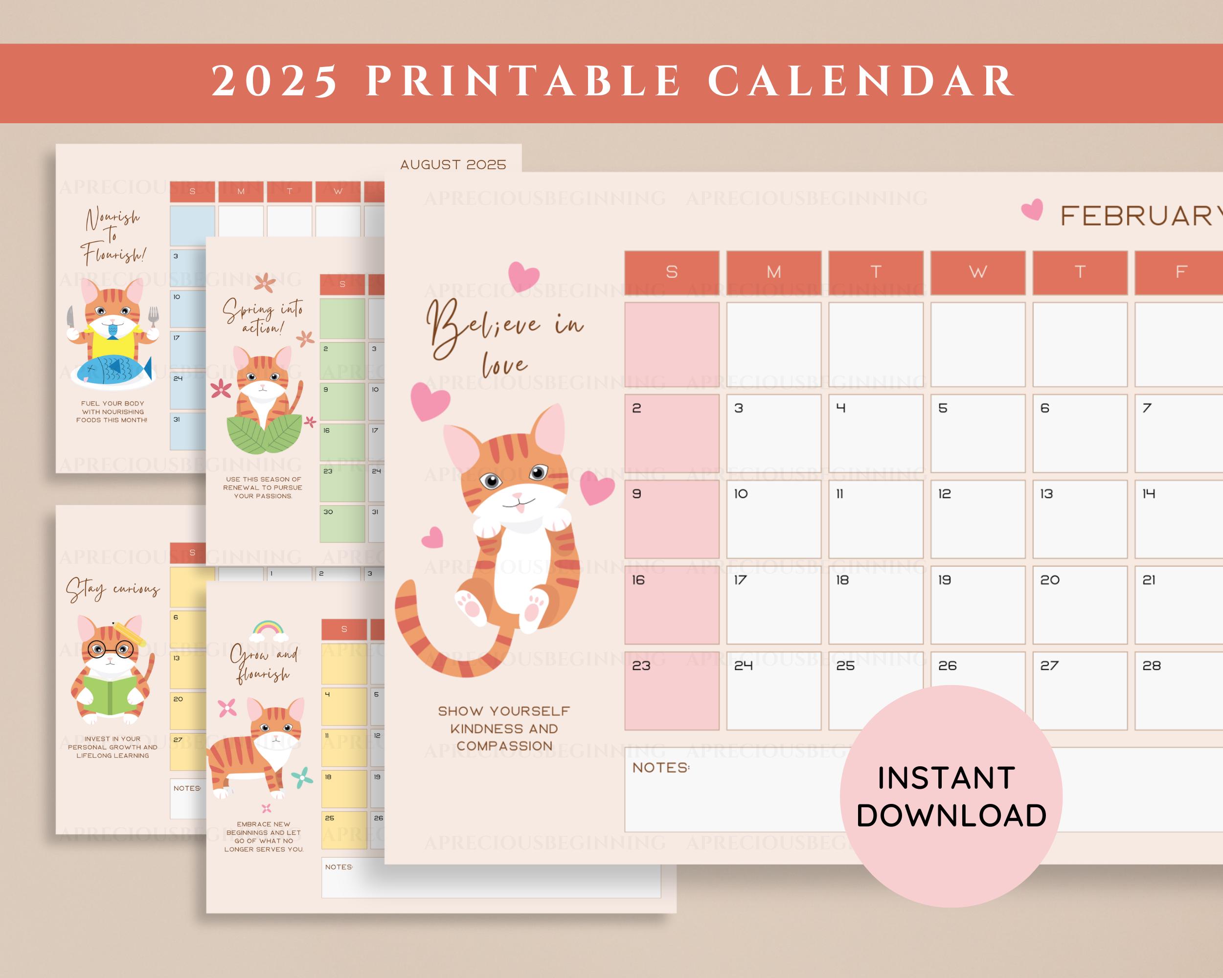 2025 Cat Printable Calendar | Printable Landscape | A4 | Digital Calendar | Monthly Planner | Instant Download | 2025 Calendar | 12 Months