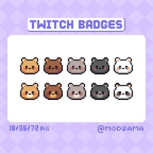 Może przedstawiać: Zestaw pikselowych odznak z wizerunkiem niedźwiedzi w różnych kolorach, takich jak brązowy, szary, czarny i biały. Tekst "TWITCH BADGES" jest wyświetlany u góry. Obraz zawiera również "18/36/72 px" i nazwę użytkownika "@MODSAMA".