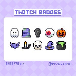May include: Nine pixel art Halloween themed Twitch badges. The badges include a ghost, a tombstone, a coffin, an eyeball, a jack-o-lantern, a bat, a candle, a skull, a witch's hat, and a cauldron.