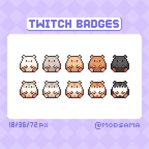 Könnte beinhalten: Neun Pixel-Art-Hamster-Abzeichen in verschiedenen Farben, darunter Weiß, Grau, Braun, Orange und Schwarz. Die Abzeichen sind in drei Reihen zu je drei angeordnet. Der Text "TWITCH BADGES" befindet sich oben im Bild. Der Text "18/36/72 px" befindet sich unten links im Bild. Der Text "@MODSAMA" befindet sich unten rechts im Bild.