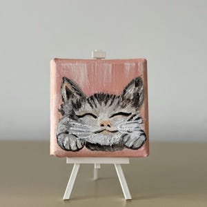 Peinture chat sur toile carrée, jolie petite idée cadeau de peinture originale, art mural animalier moderne, mini décoration mignonne, jolie petite toile minimale