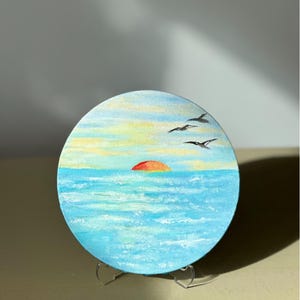 Sunset View Painting on Round Canvas, Small Original Painting Gift Idea, Landscape Modern Wall Art, Seascape Mini Decor, Tiny Canvas