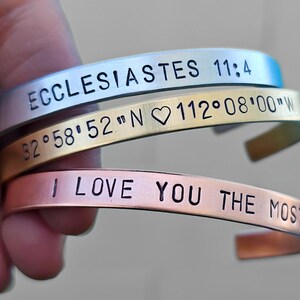 Custom Text Bracelet, Hand Stamped Metal Quote Cuff, Gift Ideas, Gold, Silver, Copper