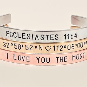 Custom Coordinate Location Bracelet, Gold, Silver, Copper, Personalized Hand Stamped Metal Bracelet Cuff Gift