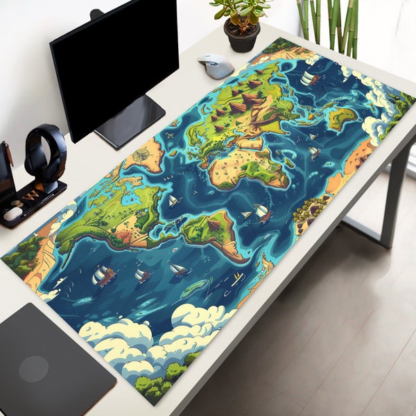 World Map Desk Mat XXL, Cartoon World map mousepad, Cute Play Mat, topographic mouse pad, Anime Desk Mat, Kawaii mouse pad, Gift for him