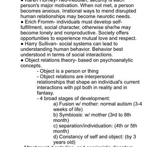 Op de afbeelding: Een pagina met notities over helpende relaties, met koppen zoals "Helwig Helping Relationships" en "Object Relations Theory". De notities bespreken het werk van verschillende theoretici, waaronder Karen Horney, Erich Fromm, Harry Sullivan en Carl Rogers.