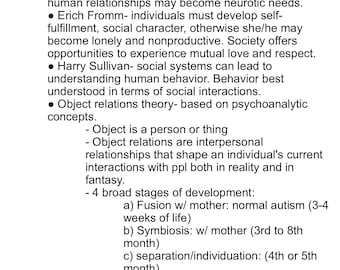 May include: A page of notes on helping relationships, with headings such as "Helwig Helping Relationships" and "Object Relations Theory". The notes discuss the work of various theorists, including Karen Horney, Erich Fromm, Harry Sullivan, and Carl Rogers.