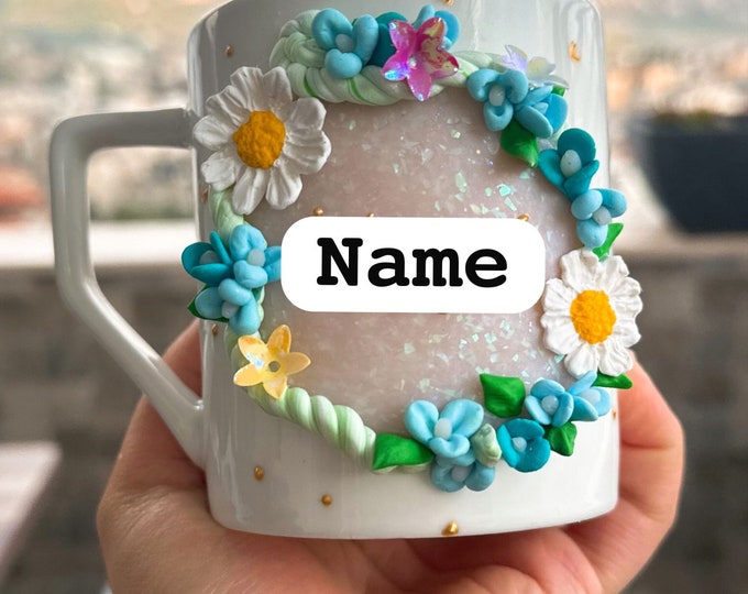 Personalized mugs Customized ceramic cups Handcrafted name mugs Artisanal pottery mugs Hand painted mug designs.