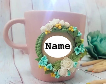 Personalized mugs Customized ceramic cups Handcrafted name mugs Artisanal pottery mugs Hand painted mug designs.