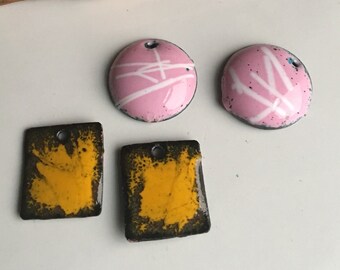 Enamel on Copper Charms, Pink and White, Mustard Yellow, Destashed Beads, Destashed Charms, Kiln Fired, Handmade Enamel Charms
